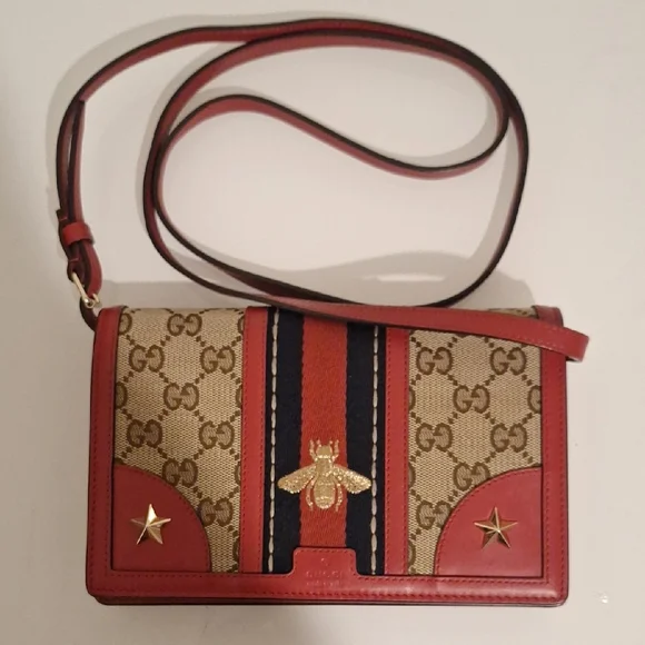 *AUTHENTIC* Gucci Leather Bee Web Wallet On A Strap - Picture 3 of 7